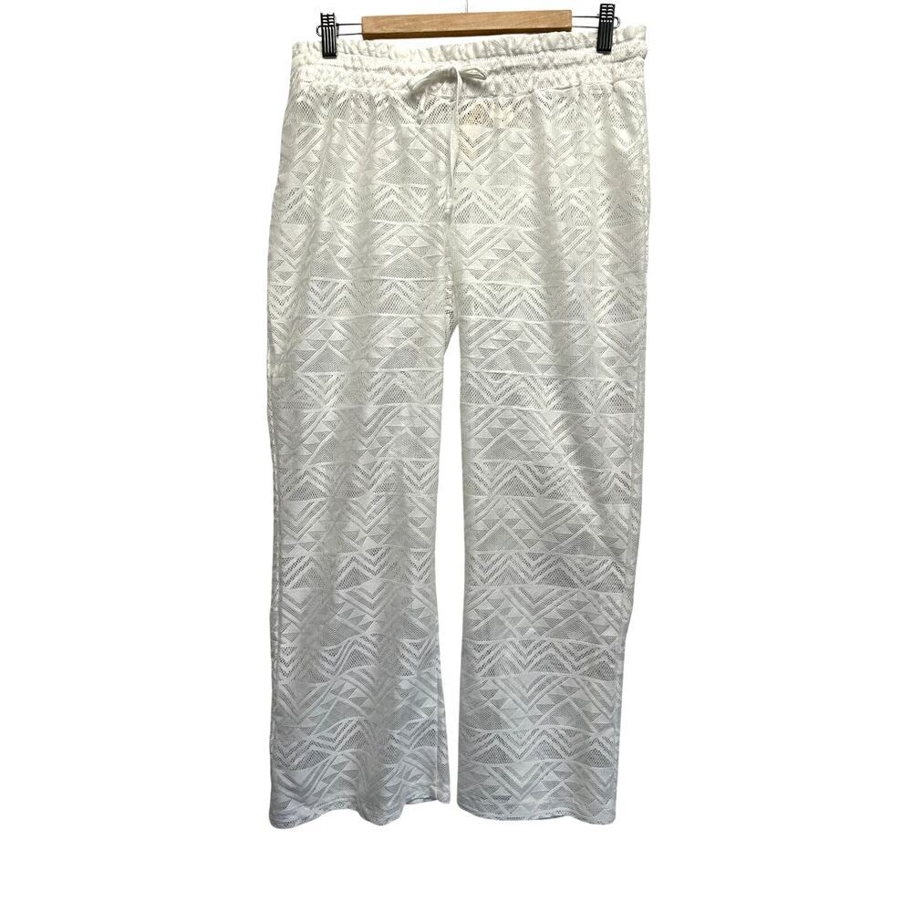 Miken Women's Swim Cover-Up Pants L White Polyester Sheer Crochet Drawstring